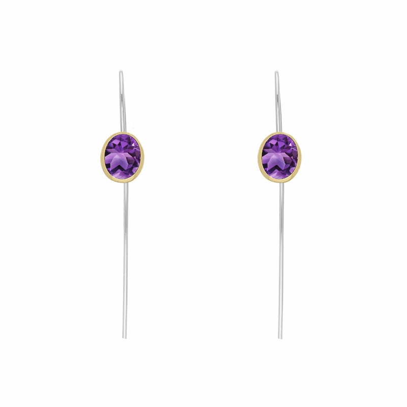 9ct Yellow Gold Sterling Silver Amethyst Stepping Stones 6x8mm Oval Hook Earrings