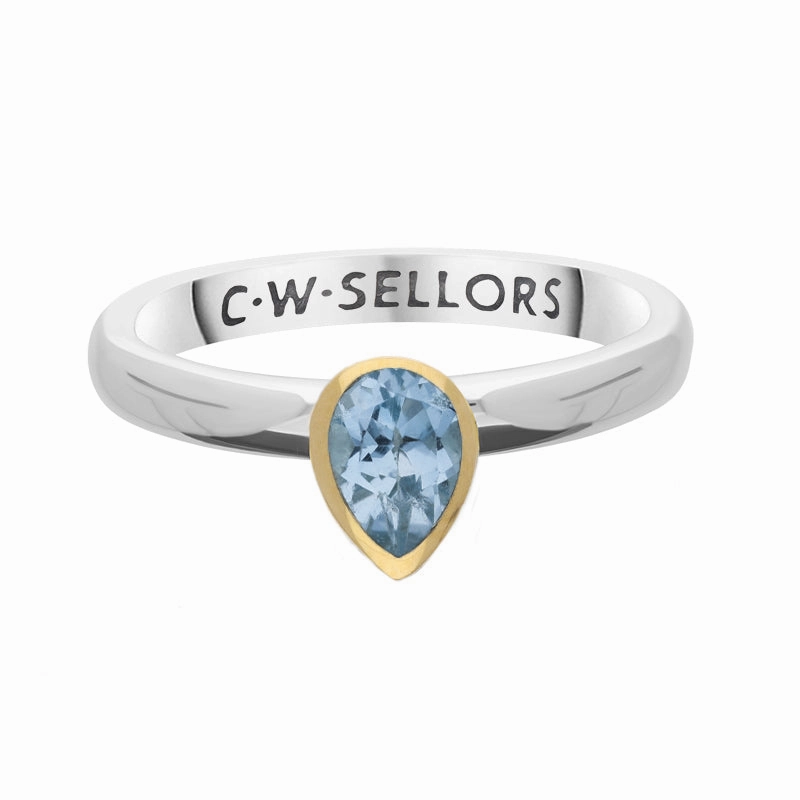 9ct Yellow Gold Sterling Silver Blue Topaz Stepping Stones 5x7mm Pear Cut Bezel Set Ring