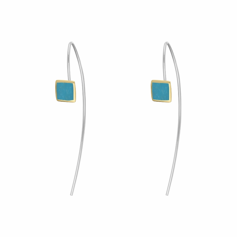 9ct Yellow Gold Sterling Silver Turquoise Stepping Stones 5mm Square Hook Earrings