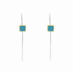 9ct Yellow Gold Sterling Silver Turquoise Stepping Stones 5mm Square Hook Earrings