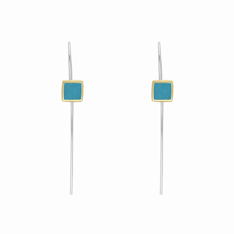 9ct Yellow Gold Sterling Silver Turquoise Stepping Stones 5mm Square Hook Earrings