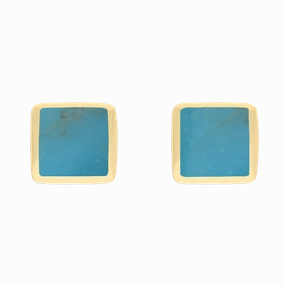 9ct Yellow Gold Sterling Silver Turquoise Stepping Stones Square Stud Earrings