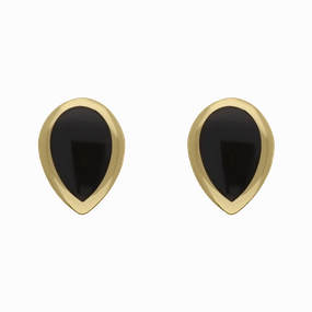 9ct Yellow Gold Sterling Silver Whitby Jet Stepping Stones 5x7mm Pear Stud Earrings