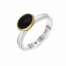 9ct Yellow Gold Sterling Silver Whitby Jet Stepping Stones 6x8mm Oval Bezel Set Ring