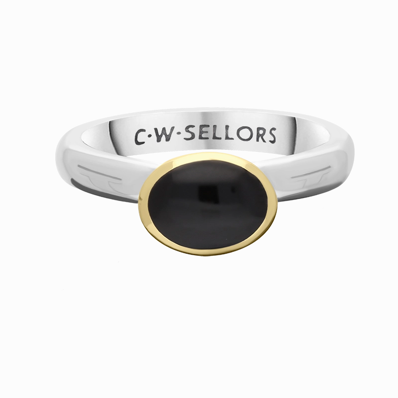 9ct Yellow Gold Sterling Silver Whitby Jet Stepping Stones 6x8mm Oval Bezel Set Ring
