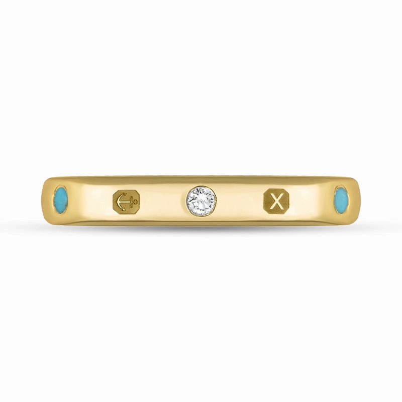 9ct Yellow Gold Turquoise 0.06ct Diamond Queen's Jubilee Hallmark 3mm Ring D