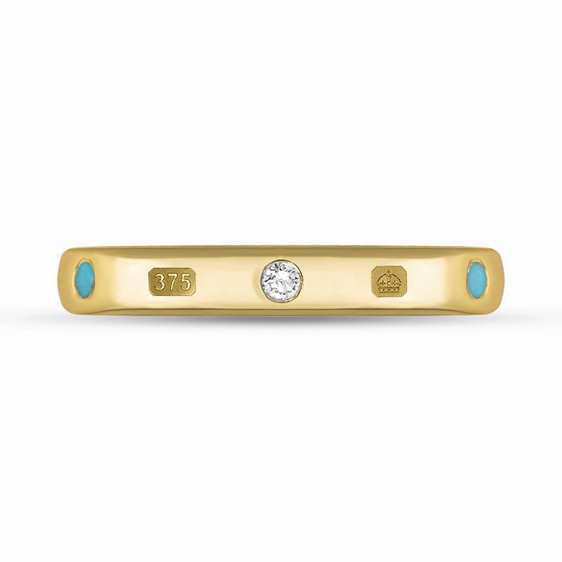 9ct Yellow Gold Turquoise 0.06ct Diamond Queen's Jubilee Hallmark 3mm Ring D