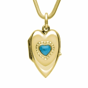 9ct Yellow Gold Turquoise Beaded Edge Heart Locket Necklace