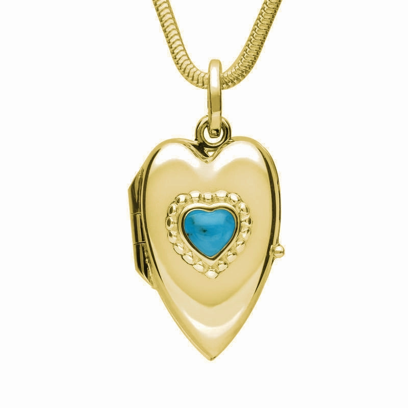 9ct Yellow Gold Turquoise Beaded Edge Heart Locket Necklace