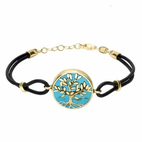 9ct Yellow Gold Turquoise Cord Round Large Leaves Tree Of Life Bracelet