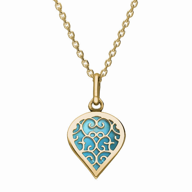 9ct Yellow Gold Turquoise Flore Filigree Small Heart Necklace