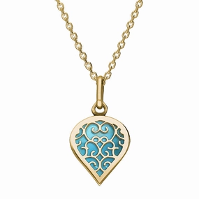 9ct Yellow Gold Turquoise Flore Filigree Small Heart Necklace