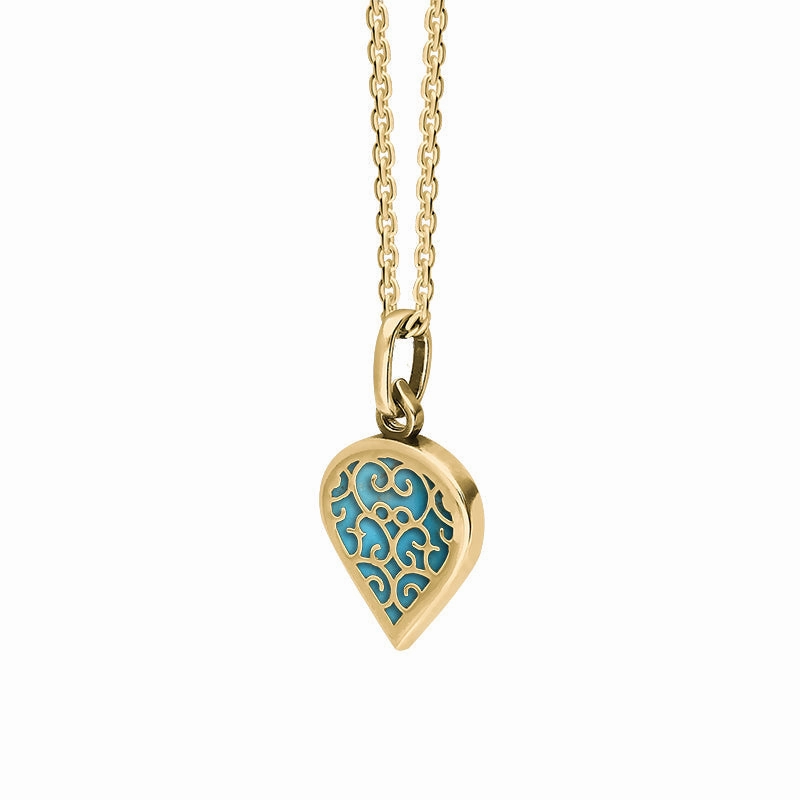 9ct Yellow Gold Turquoise Flore Filigree Small Heart Necklace
