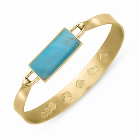 9ct Yellow Gold Turquoise Hallmark Wide Oblong Bangle