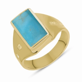 9ct Yellow Gold Turquoise King's Coronation Hallmark Small Oblong Ring D
