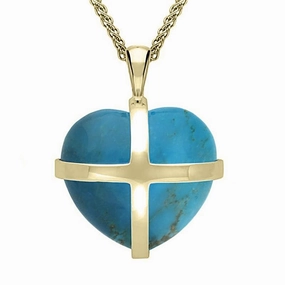 9ct Yellow Gold Turquoise Large Cross Heart Necklace