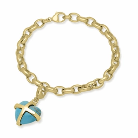 9ct Yellow Gold Turquoise Medium Cross Heart Charm Bracelet
