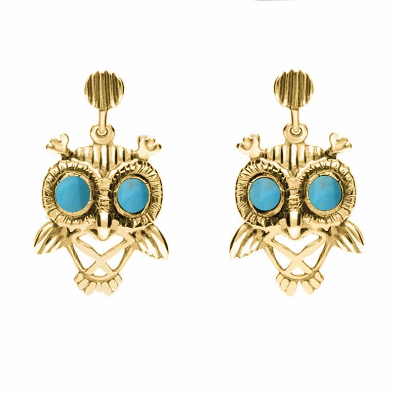 9ct Yellow Gold Turquoise Owl Stud Earrings