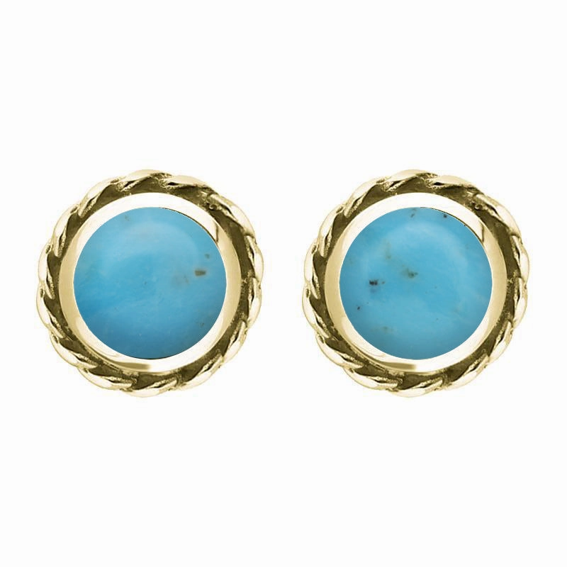9ct Yellow Gold Turquoise Round Twist Edge Stud Earrings