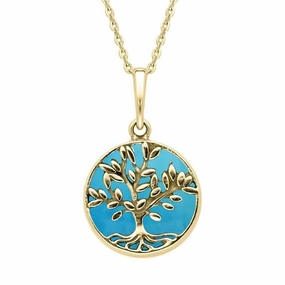 9ct Yellow Gold Turquoise Small Round Large Leaves Tree of Life Necklace