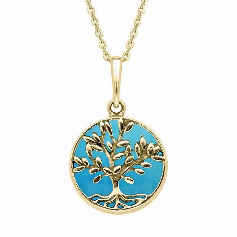 9ct Yellow Gold Turquoise Small Round Large Leaves Tree of Life Necklace