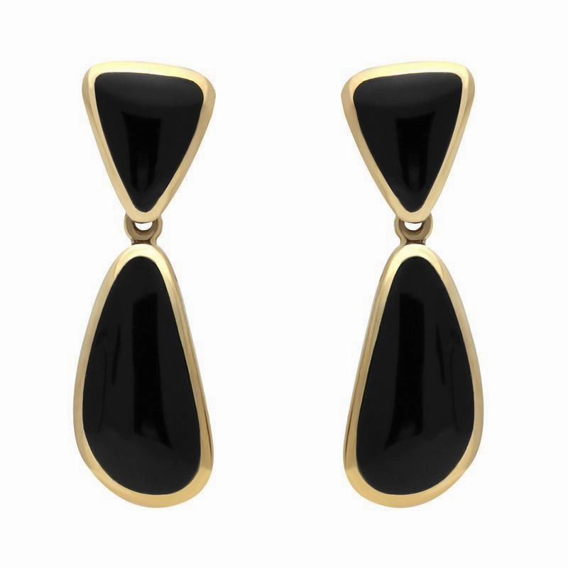 9ct Yellow Gold Whitby Jet Abstract Pear Drop Earrings
