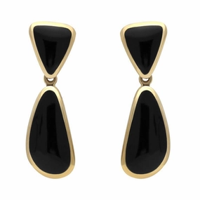 9ct Yellow Gold Whitby Jet Abstract Pear Drop Earrings