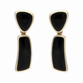 9ct Yellow Gold Whitby Jet Abstract Top Drop Earrings D
