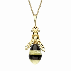 9ct Yellow Gold Whitby Jet Amber Bee Drop Necklace
