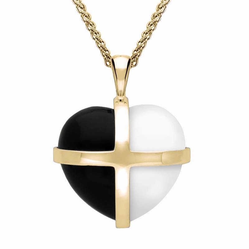 9ct Yellow Gold Whitby Jet Bauxite Medium Cross Heart Necklace
