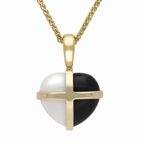 9ct Yellow Gold Whitby Jet Bauxite Small Cross Heart Necklace