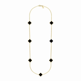9ct Yellow Gold Whitby Jet Bloom Four Leaf Clover Ball Edge Long Necklace