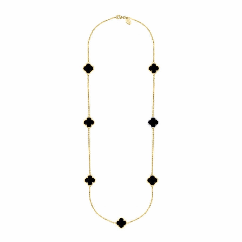 9ct Yellow Gold Whitby Jet Bloom Four Leaf Clover Ball Edge Long Necklace