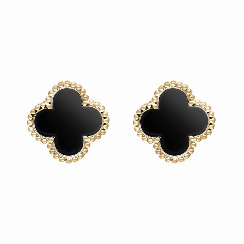 9ct Yellow Gold Whitby Jet Bloom Four Leaf Clover Ball Edge Stud Earrings
