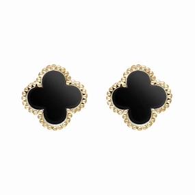 9ct Yellow Gold Whitby Jet Bloom Four Leaf Clover Ball Edge Stud Earrings