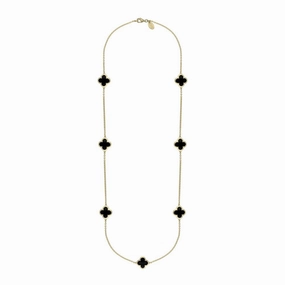 9ct Yellow Gold Whitby Jet Bloom Four Leaf Clover Long Necklace