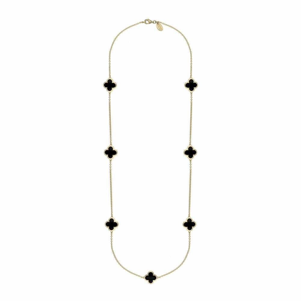 9ct Yellow Gold Whitby Jet Bloom Four Leaf Clover Long Necklace