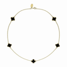 9ct Yellow Gold Whitby Jet Bloom Four Leaf Clover Necklace