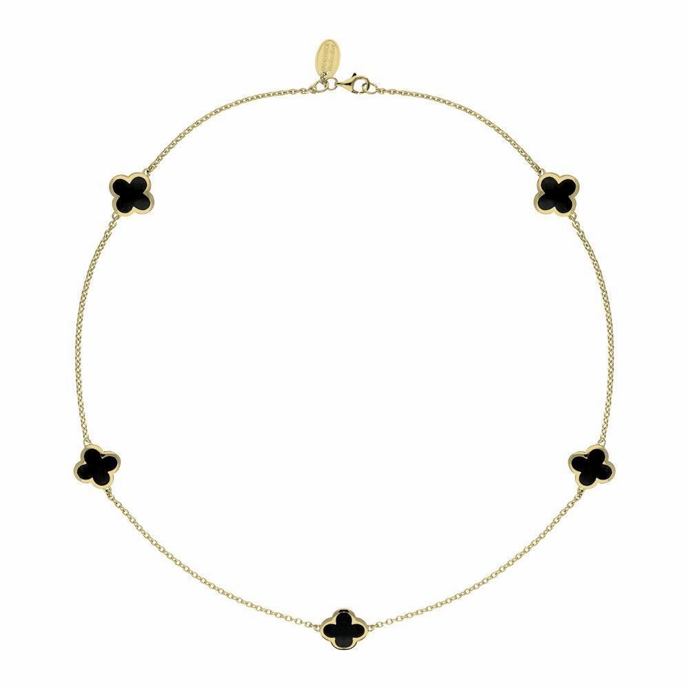 9ct Yellow Gold Whitby Jet Bloom Four Leaf Clover Necklace