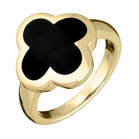 9ct Yellow Gold Whitby Jet Bloom Four Leaf Clover Ring