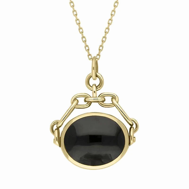 9ct Yellow Gold Whitby Jet Blue John Double Sided Swivel Fob Necklace