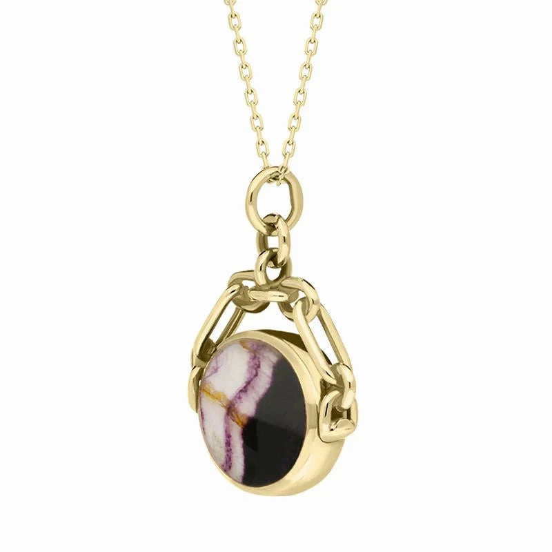 9ct Yellow Gold Whitby Jet Blue John Double Sided Swivel Fob Necklace