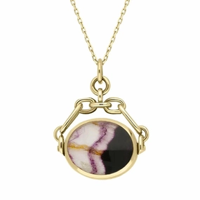 9ct Yellow Gold Whitby Jet Blue John Double Sided Swivel Fob Necklace
