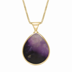 9ct Yellow Gold Whitby Jet Blue John King's Coronation Hallmark Double Sided Pear-shaped Necklace D