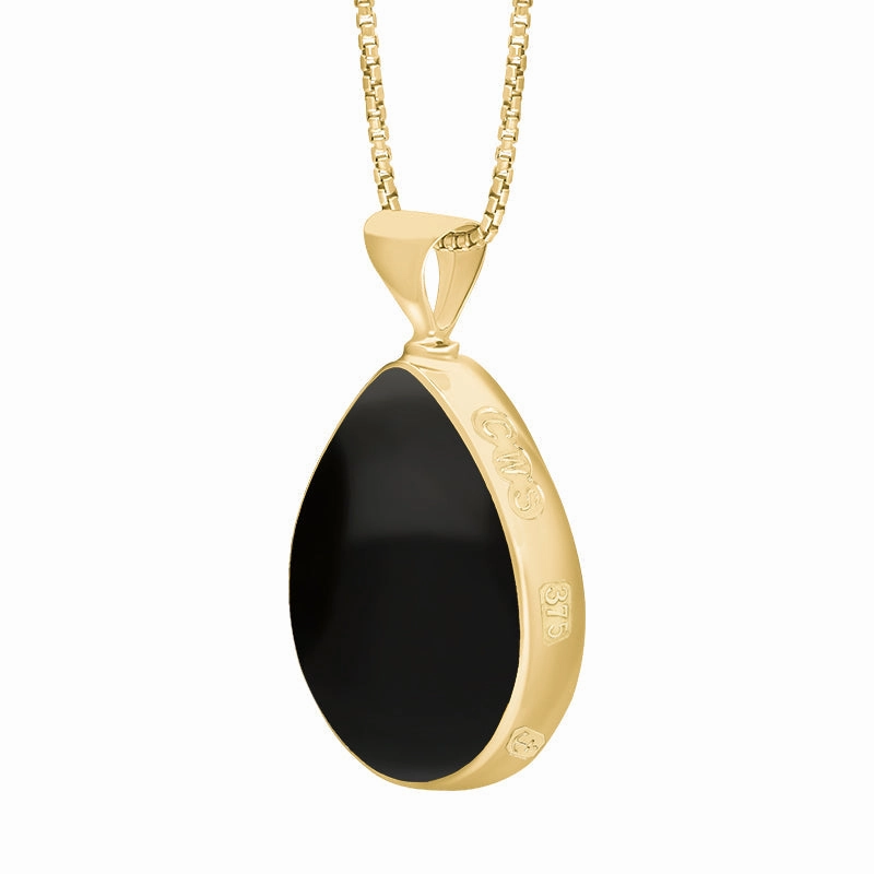9ct Yellow Gold Whitby Jet Blue John King's Coronation Hallmark Double Sided Pear-shaped Necklace D