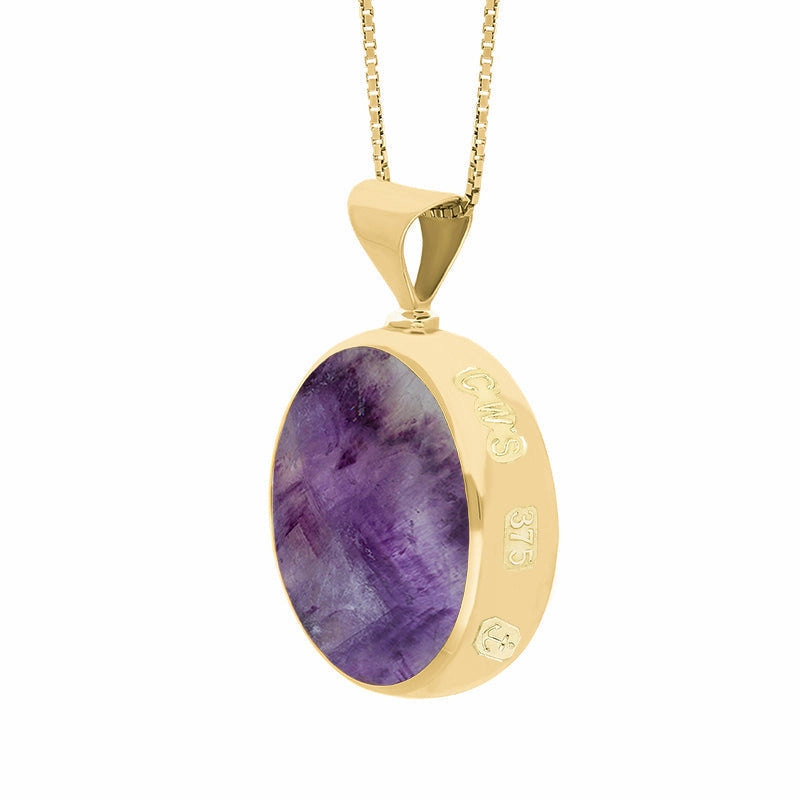 9ct Yellow Gold Whitby Jet Blue John King's Coronation Hallmark Double Sided Round Necklace D