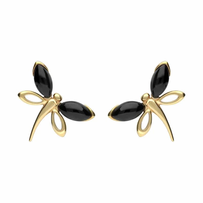 9ct Yellow Gold Whitby Jet Butterfly Stud Earrings