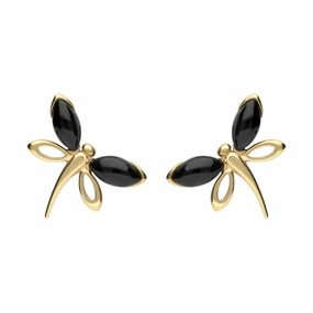 9ct Yellow Gold Whitby Jet Butterfly Stud Earrings