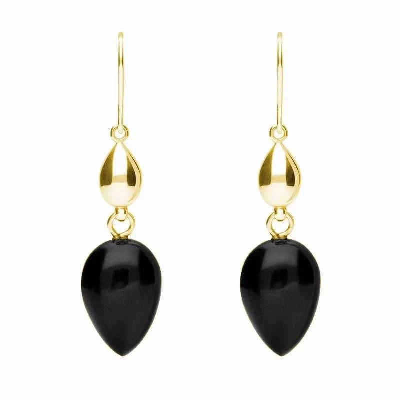 9ct Yellow Gold Whitby Jet Carved Pear Bead Drop Hook Earrings