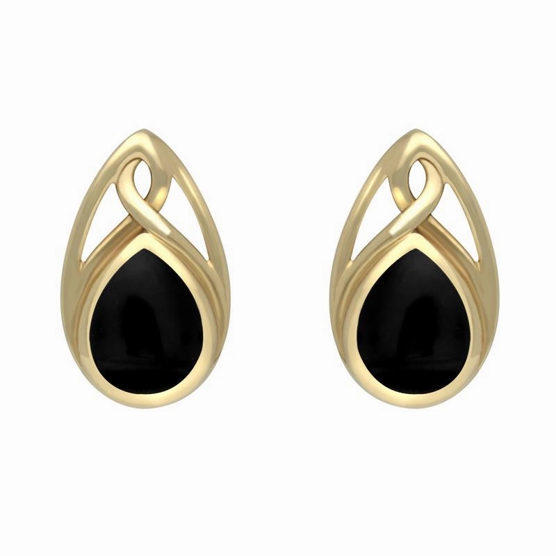 9ct Yellow Gold Whitby Jet Celtic Twist Top Stud Earrings